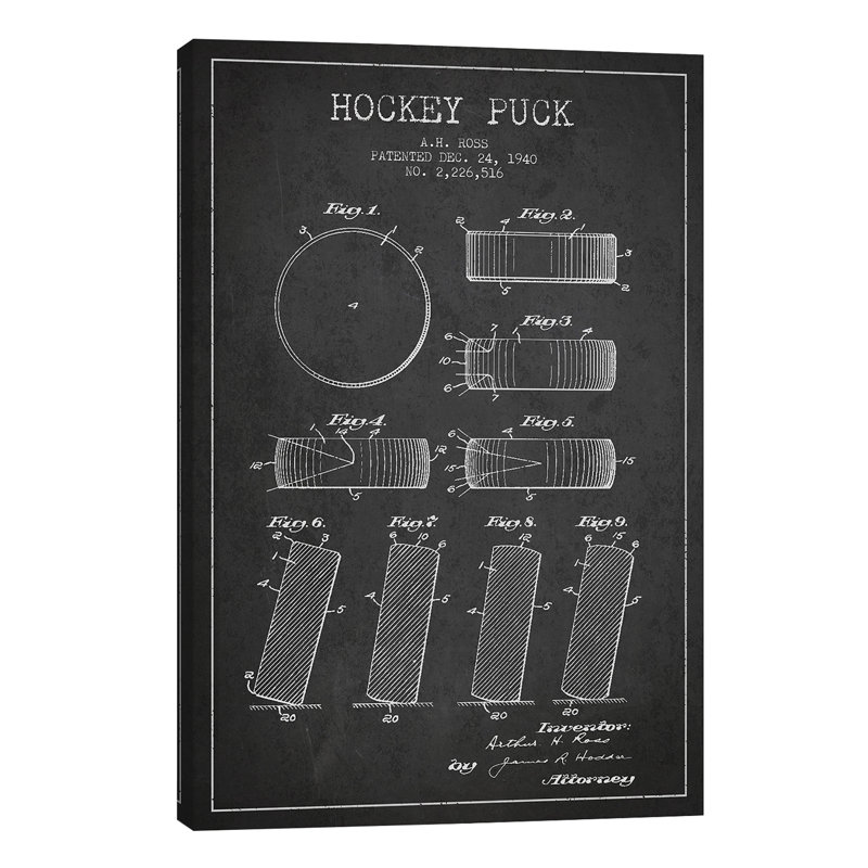 Hockey Puck Charcoal Patent Blueprint by Aged Pixel - Wrapped Canvas Print, 66.04 cm H x 45.72 cm W x 3.175 cm D
