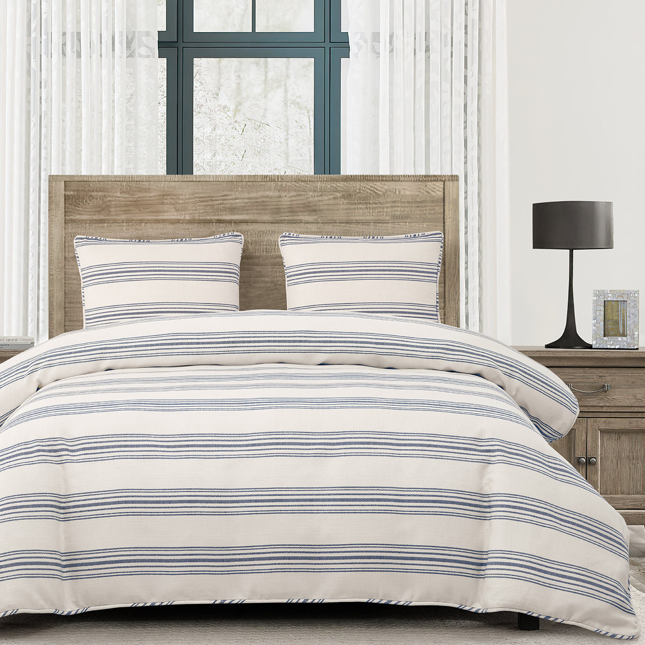Prescott Ticking Stripe Pattern Woven Classic Chic Casual Farmhouse Coastal 3 Piece Duvet Cover Set, Navy