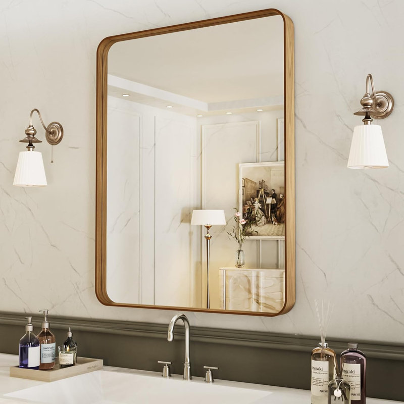 Miroir de salle de bain 28 x 36 avec cadre en métal de couleur grain de bois, miroir de salle de bain rectangulaire arrondi avec cadre en métal, antirouille, se suspend horizontalement ou verticalement