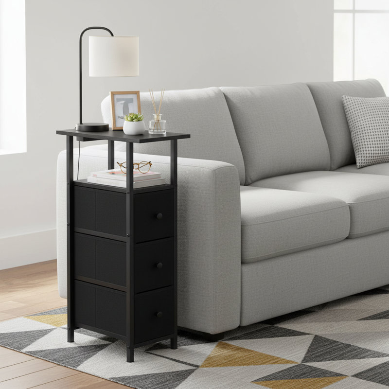 Narrow Side Table with 3 Fabric Drawer and Charging Station, Black