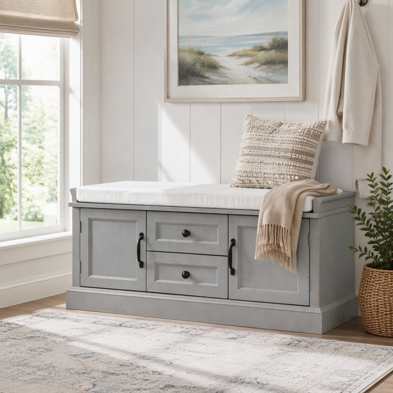 Banc de rangement avec tiroirs, armoires et coussin en velours, Gris délavé