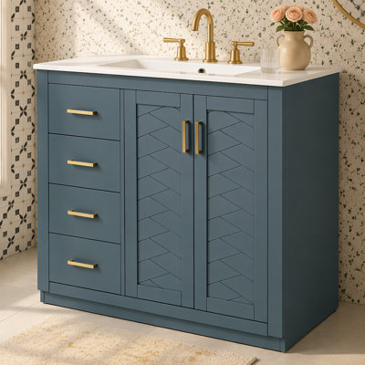 Ensemble de meuble-lavabo 36 po avec lavabo en céramique, armoire de rangement en bois massif, ensemble de meuble-lavabo autoportant avec 3 tiroirs et portes à fermeture douce