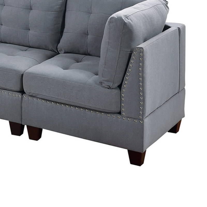 Ensemble de salon modulaire contemporain modulaire 7 pièces Mobilier de salon en L gris capitonné en tissu d'ameublement avec têtes de clous capitonnés 2X coin 3X fauteuil sans accoudoirs et 2X repose-pieds