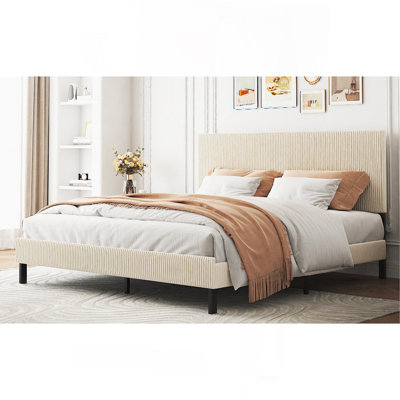 King Bed Frame With A Bandaged Headboard Is Stable And Easy To Assemble, And The Style Is Simple And Elegant,Beige