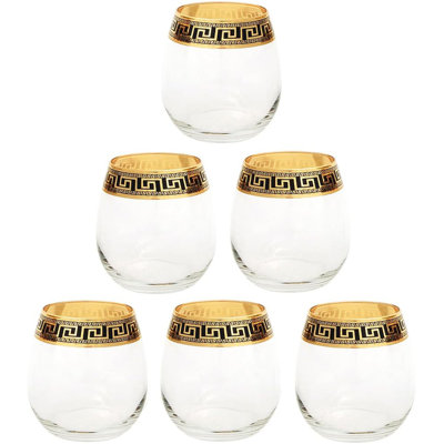 JOZEFINA ATELIER 6 Piece Art Decor Tumbler Glasses with Greek Key Design, Clear/Gold/Black