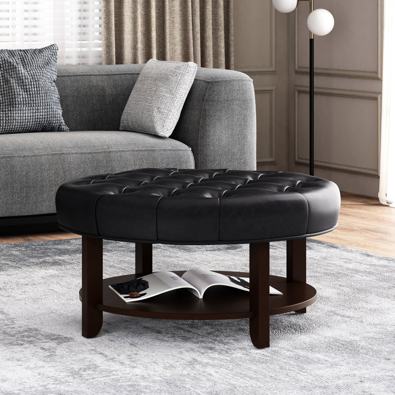 Élégante tablette ronde en similicuir avec capitonnage à boutons et tablette ouverte pour une utilisation polyvalente, 32,72 po x 17,39 po, tablette élégante en cuir noir, 17,39 po