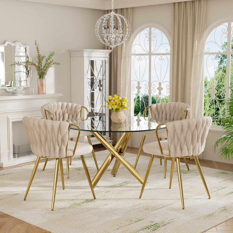 Ensemble de salle à manger 47 po, Beige, 5 pièces: table, 4 chaises, Doré