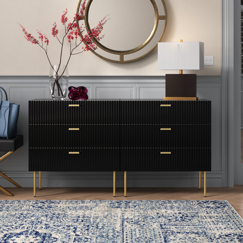Shawnda 31.5'' W Modern 3 Drawer Fluted Dresser with Metal Legs, Black