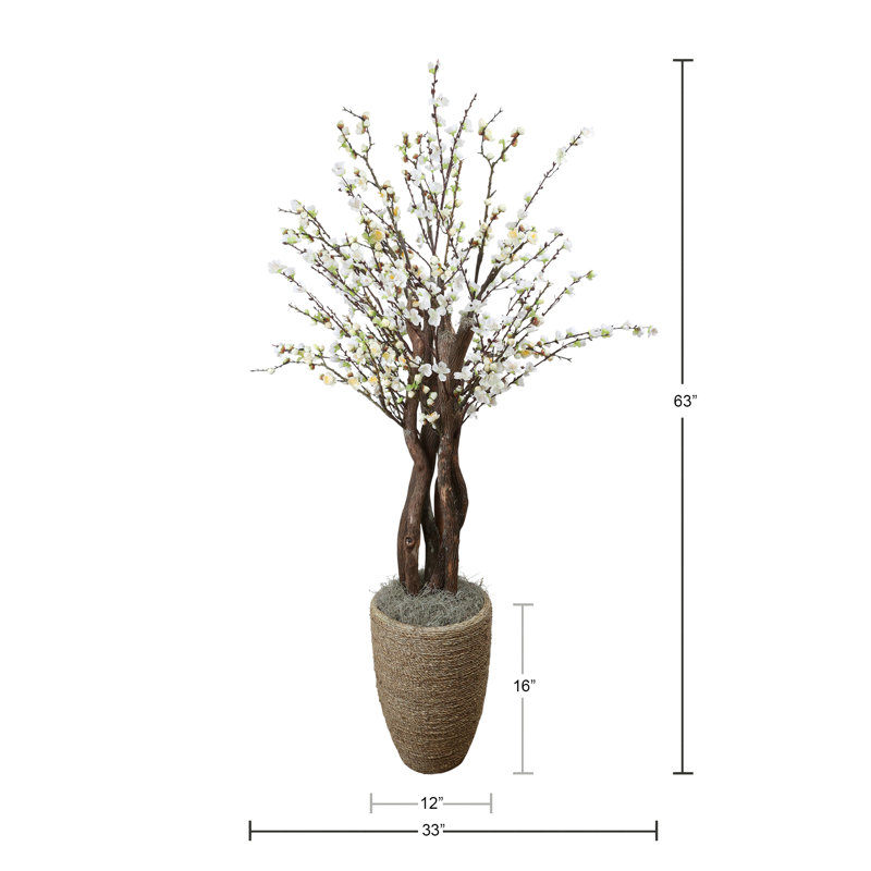 White Cherry Blossom Tree in Tan Pot,  63" H x 33" W x 33" D
