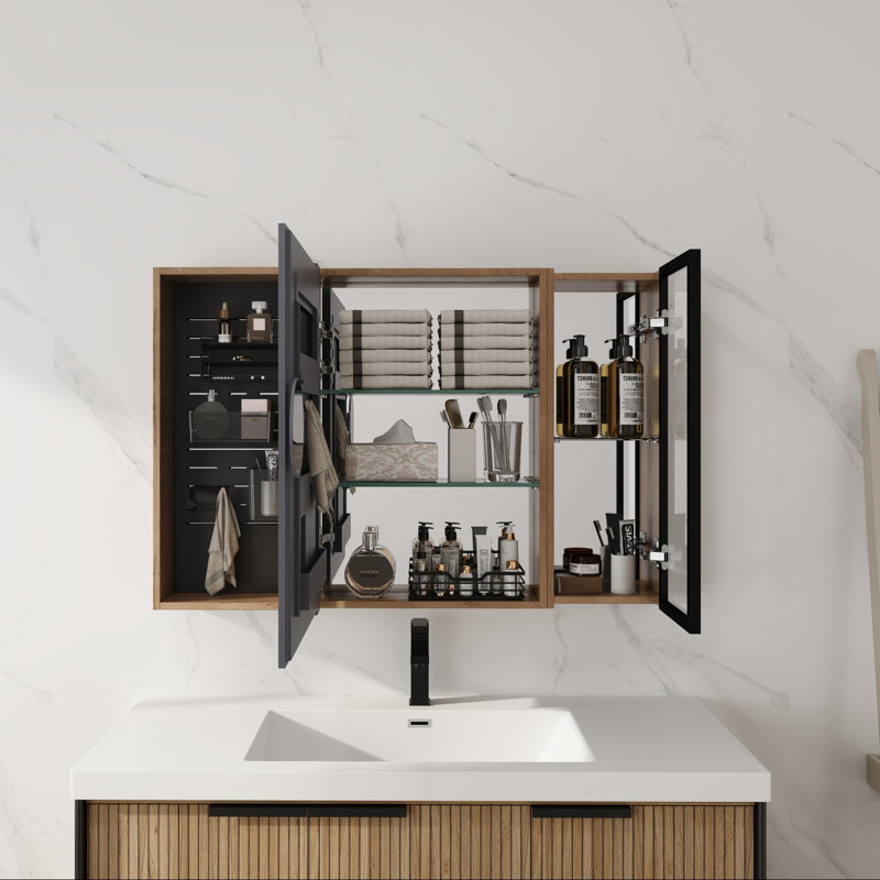 Armoire de salle de bain murale à miroir avec tablettes réglables et rangement spacieux, idéale pour les salles de bain modernes et organisées.