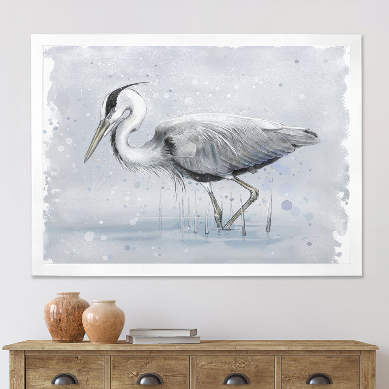 Gris héron, peinture sur toile, Cadre blanc, H 16 po x l 32 po x p 1 po