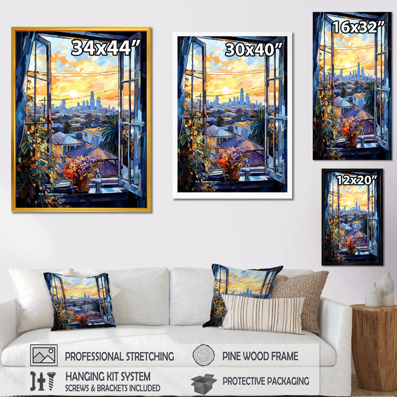 Los Angeles Sunset Window View Florals - Art mural de fenêtre floral, Toile tendue, 40" H x 30" W