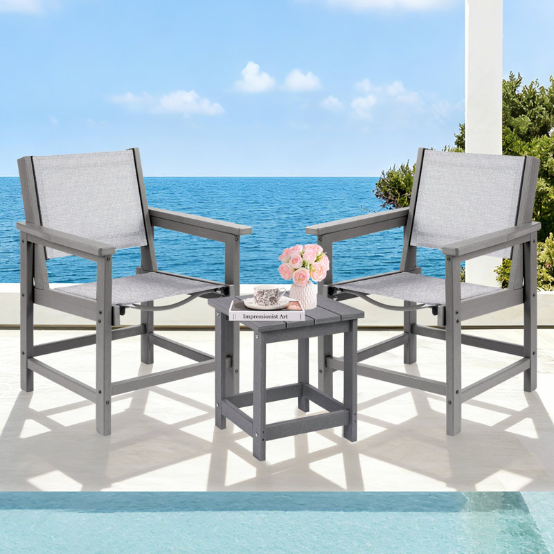 All-Weather HDPE Patio Dining Chairs with Wood Texture Finish,premium comfortable textilene fabric, Grey