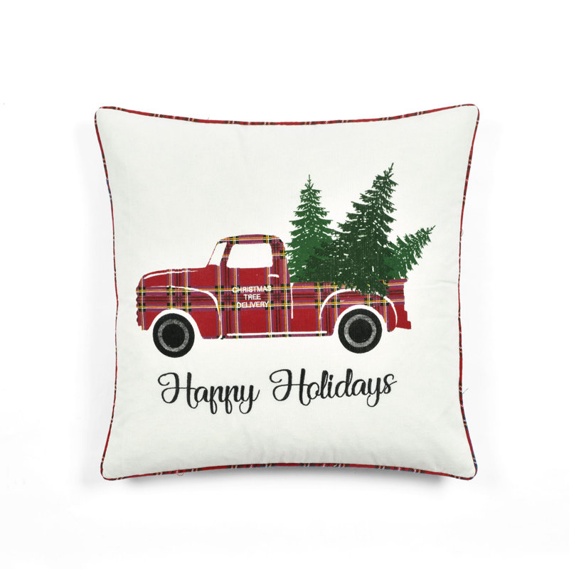 Red Holiday Truck Plaid Embroidered Cotton Blend Pillow Cover 20" x 20"