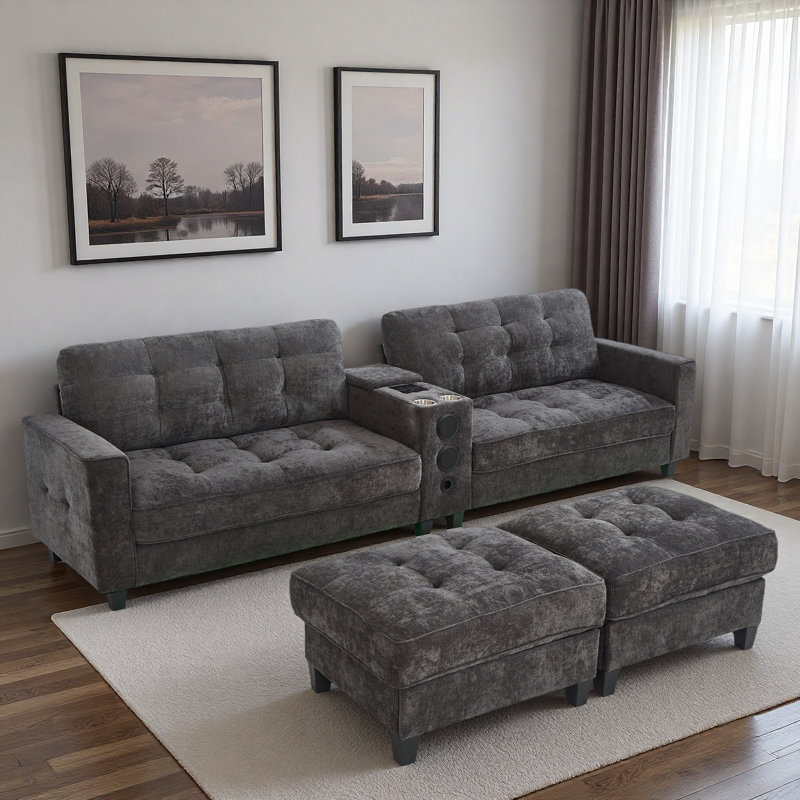 Modern U-shaped Sectional With Movable Storage Ottomans, Multifunctional Console, Bluetooth Speakers And Led Lights
