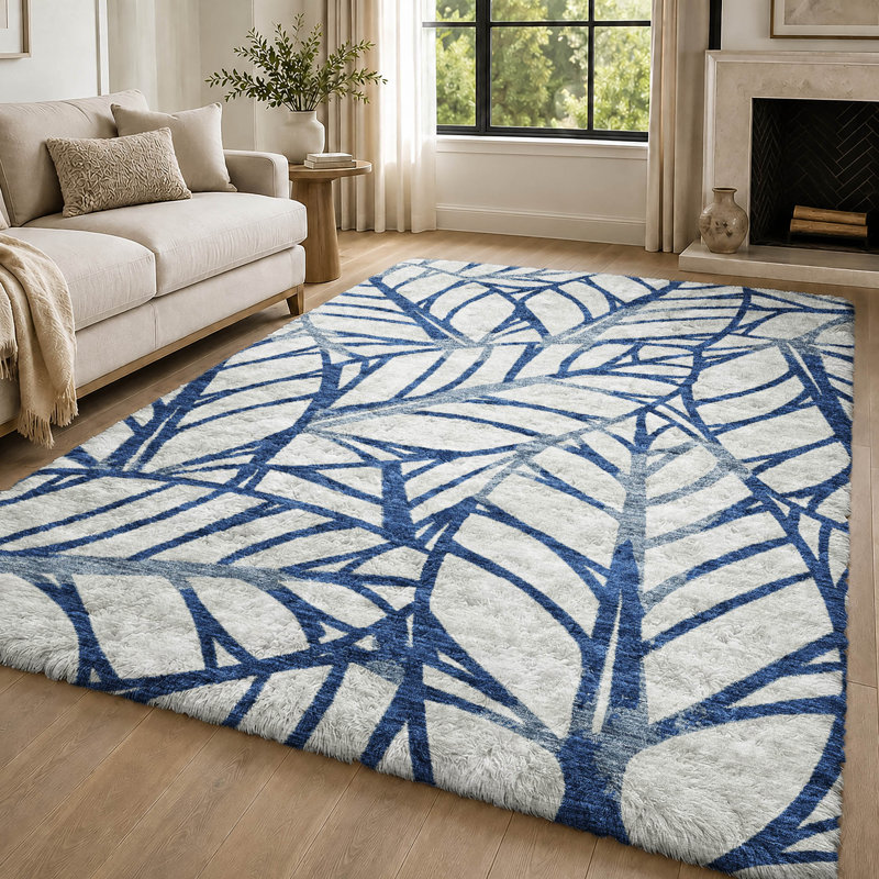 Tapis Dream Shag ADS744 de qualité supérieure, lavable à la machine et à motif floral, Navy, 10' x 14'