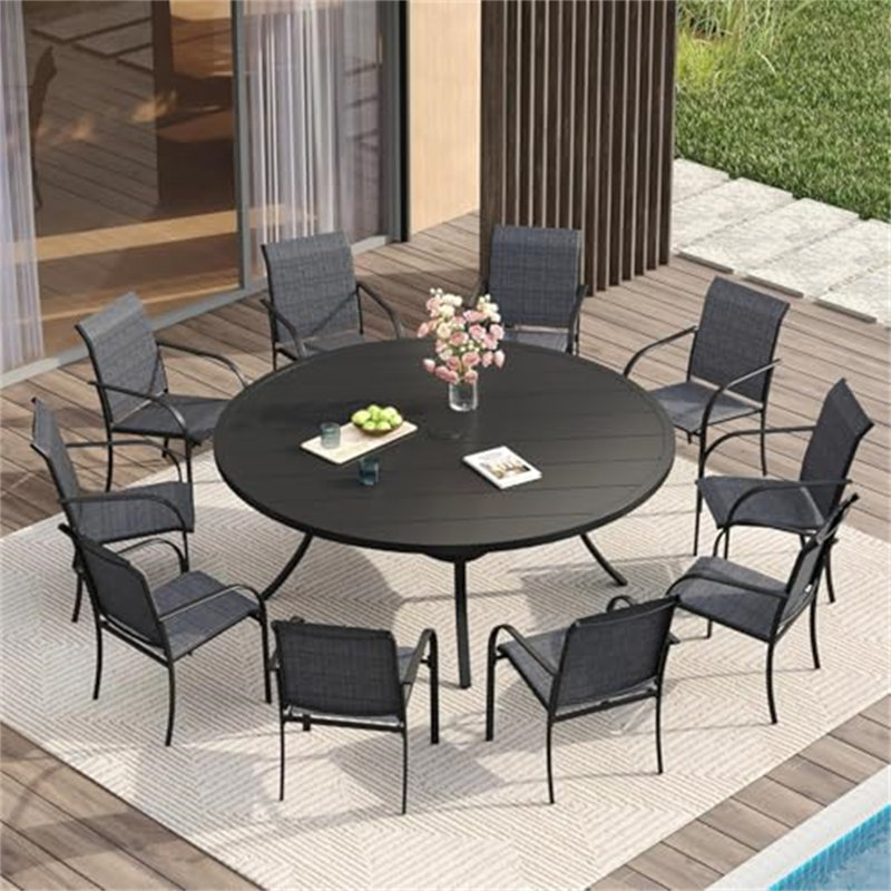 Large Patio Dining Furniture Set, Outdoor Dining Set For 10-60" Round Outdoor Table And Patio Stackable Chairs, 10
