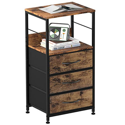 Armoire de rangement industrielle à 3 tiroirs, table d'appoint rustique en métal avec plateau en bois et tablette ouverte, table de bout vintage pour salon, chambre à coucher et bureau à domicile