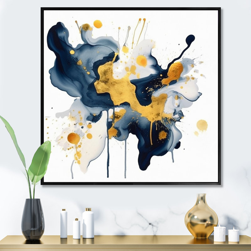 Bleu foncé et coups dorés XXII, Cadre flottant noir, H 16 po x l 16 po x P 1 po