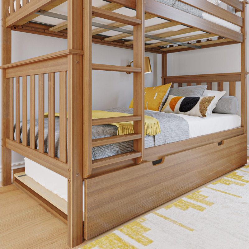Aileana Kids Twin Over Twin Bunk Bed with Trundle, Twin over Twin, Pecan