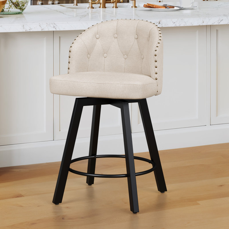 Tabouret de comptoir pivotant 26 po avec dossier et structure en métal, Lin / lin