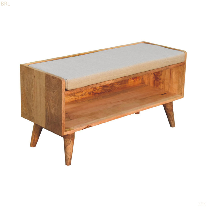 Banc de rangement en lin Oakic Ish, rembourré, pieds nordiques, Chêne / beige