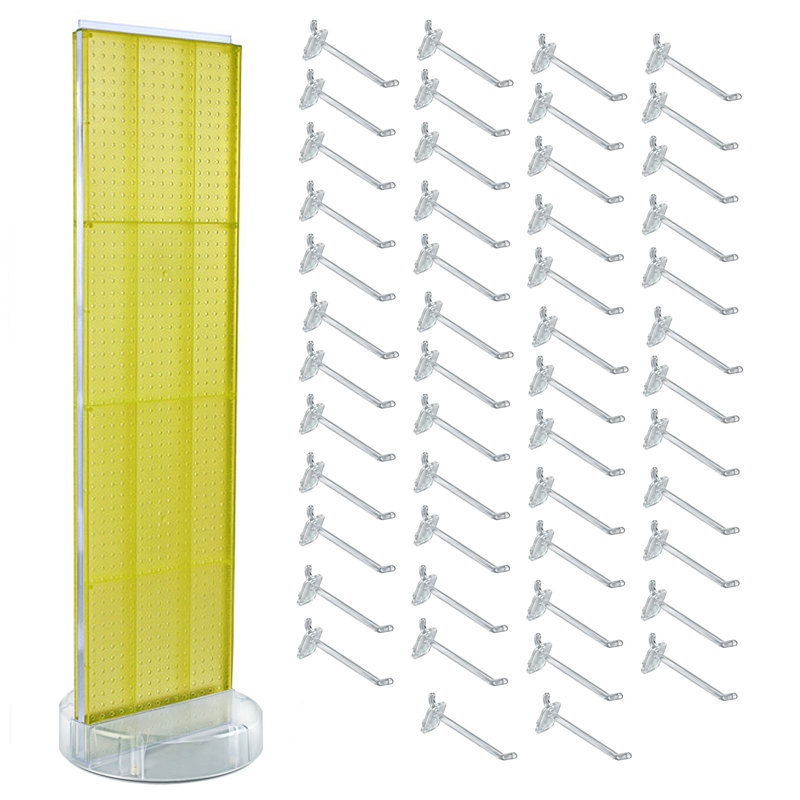 Présentoir de plancher en carton jaune sur deux côtés avec base (50) crochets transparents de 6 po