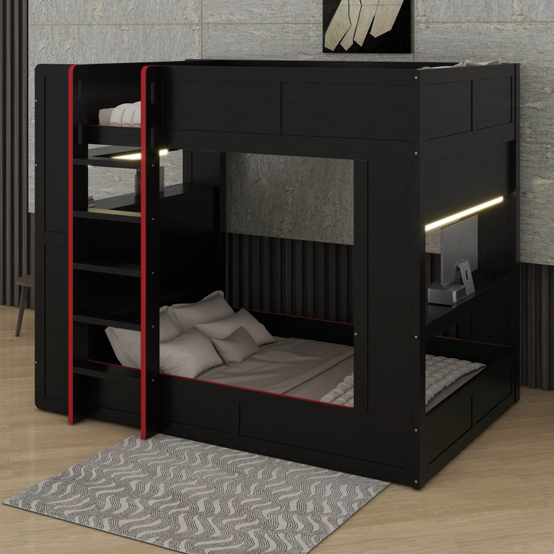 Lit superposé double en bois avec bureau, tablettes de rangement, DEL et station de charge