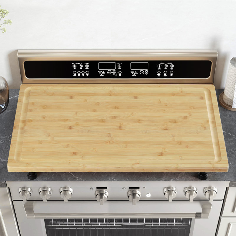 Planche à découper et couvercle de plaque de cuisson en bambou 76 x 51 cm – Pieds réglables, rainure à jus, planche à pâtes multifonctionnelle en bois avec poignées intégrées pour VR, camping, petites cuisines, poignée à rainure carrée originale