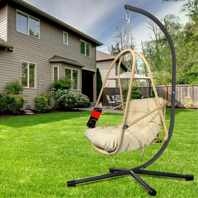 Fauteuil pivotant avec support de type C, avec coussin et coussin, chaise suspendue pliante en osier et rotin