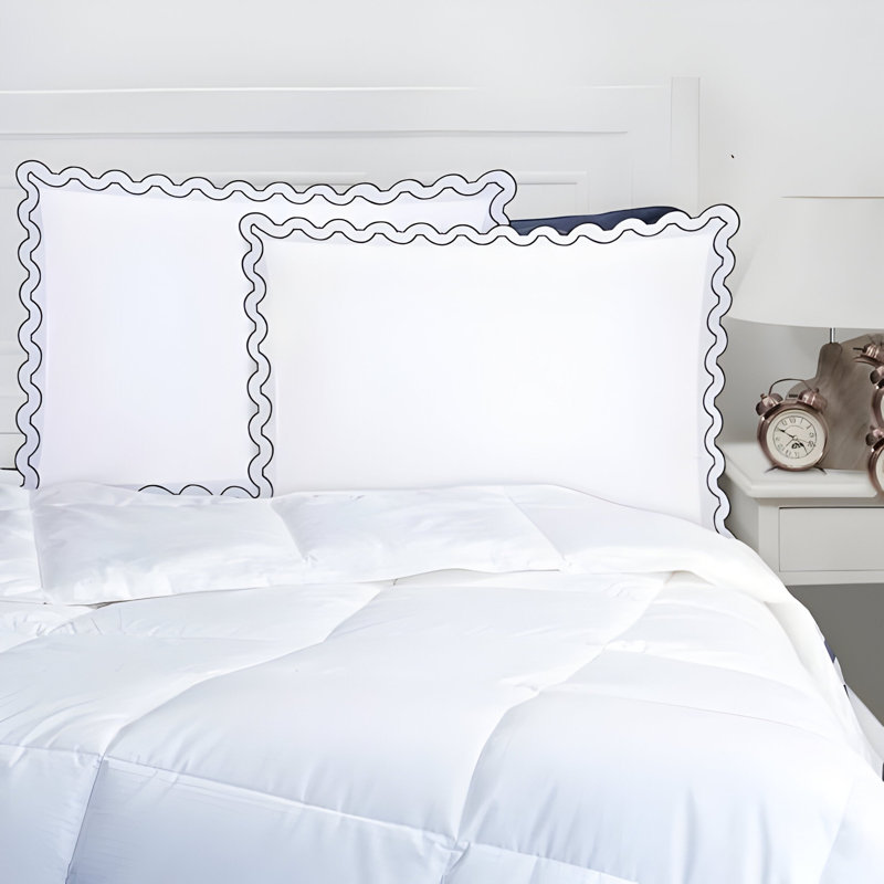 400TC Reverse U Shape Embroidery Cotton Solid Pillow Sham, 12" H x 16" W, White/Black