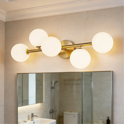 5-Light Bathroom Light Fixtures, Mid Century Modern Gold Bathroom Light Ceiling Light, 3CCT Dimmable LED Wall Sconces Semi-Flush Mount Light Fixture with Milk Glass for Kitchen Dinning Room,Gold