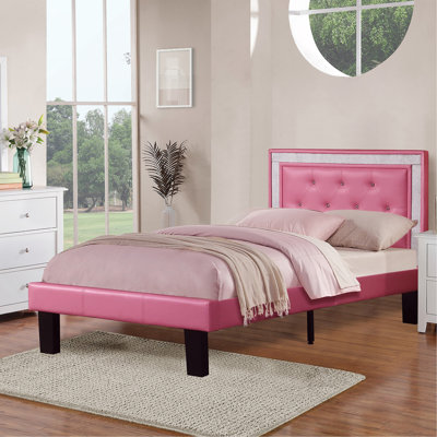 Modern Bedroom Furniture 1Pc Bed Pink Faux Leather PU Wooden Legs Tufted HB Slats Support