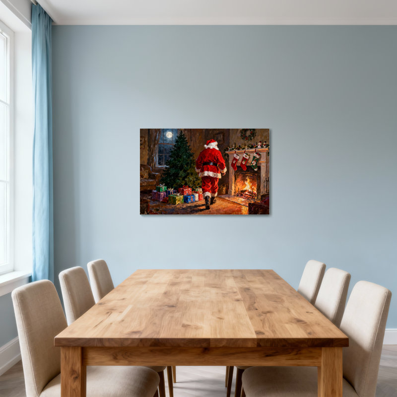 Père Noël qui entre dans une chambre de Noël douillette, H 12 po x l 18 po