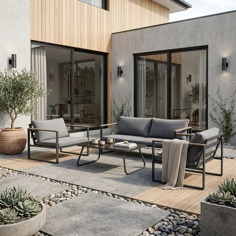 Ensemble de mobilier de patio, ensemble de patio extérieur 4 pièces avec canapé, ensembles de conversation de patio extérieur, gris clair