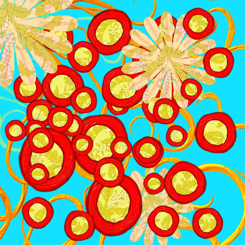 Kablam bleu, rouge et jaune - impression sur toile tendue, H 12 po x l 12 po