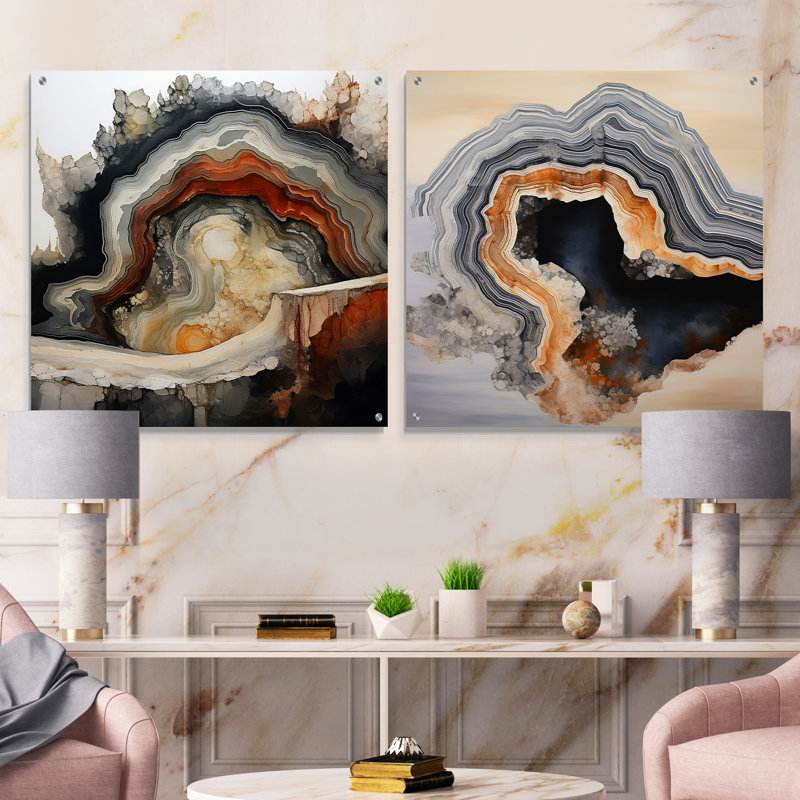 Stone Geode Scenery Minimalisme - Ensemble d'art mural en verre et acrylique sur pierre Geode, H 16 po x l 33 po