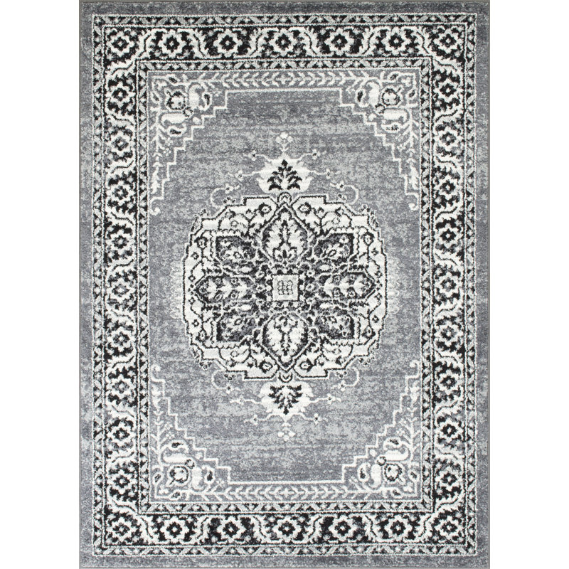 Tapis gris à motif de médaillon avec bordure Buchan, Rectangle 5 pi x 7 pi