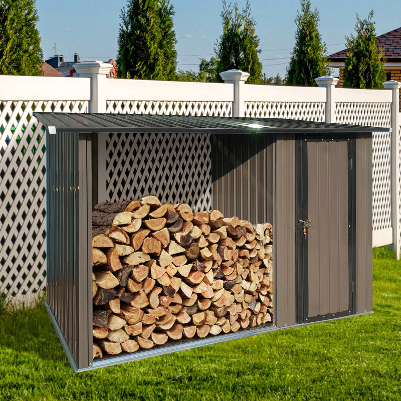 Outdoor Metal Firewood Rack And Storage Shed, Brown And Black,Two-In-One Function
