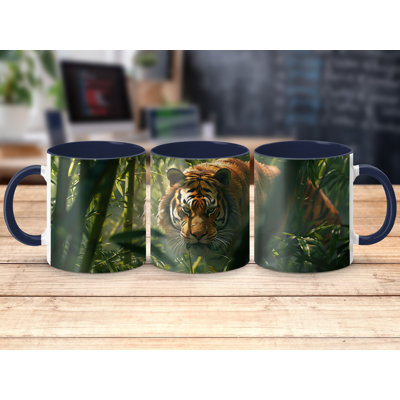 Set of 3 Realistic Animal Design 11oz Accent Mugs – Ceramic Coffee Cups with a Navy Handle and Interior