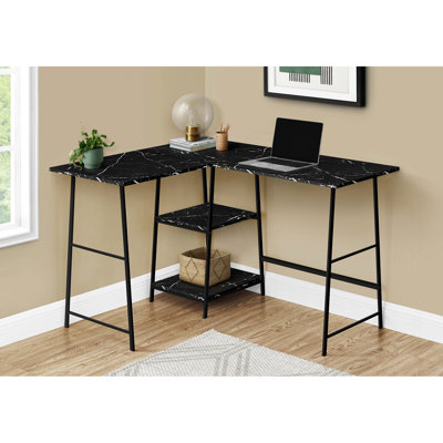 Bureau en L avec rangement pour bureau à domicile, stratifié noir et métal, forme d'ordinateur moderne et rangement, finition marbre