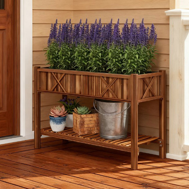 Dual-Tier Elevated Wood Planter Box,Raised Garden Bed,With Storage Shelf,Drainage Holes,And Liner, Brown