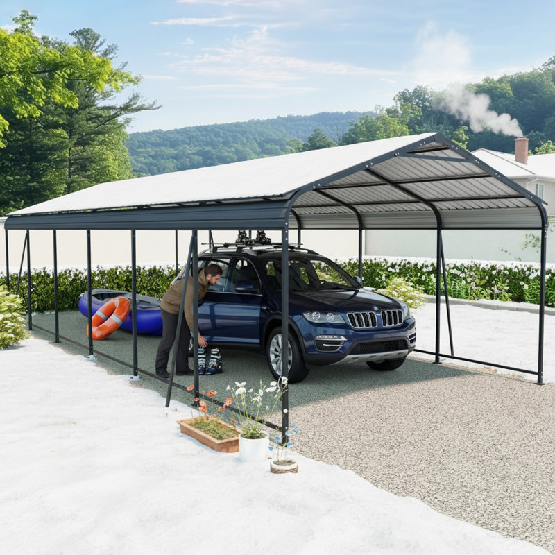 Abri d'auto robuste 12 pi x 32 pi - Garage portatif avec structure en acier galvanisé et plateau imperméable