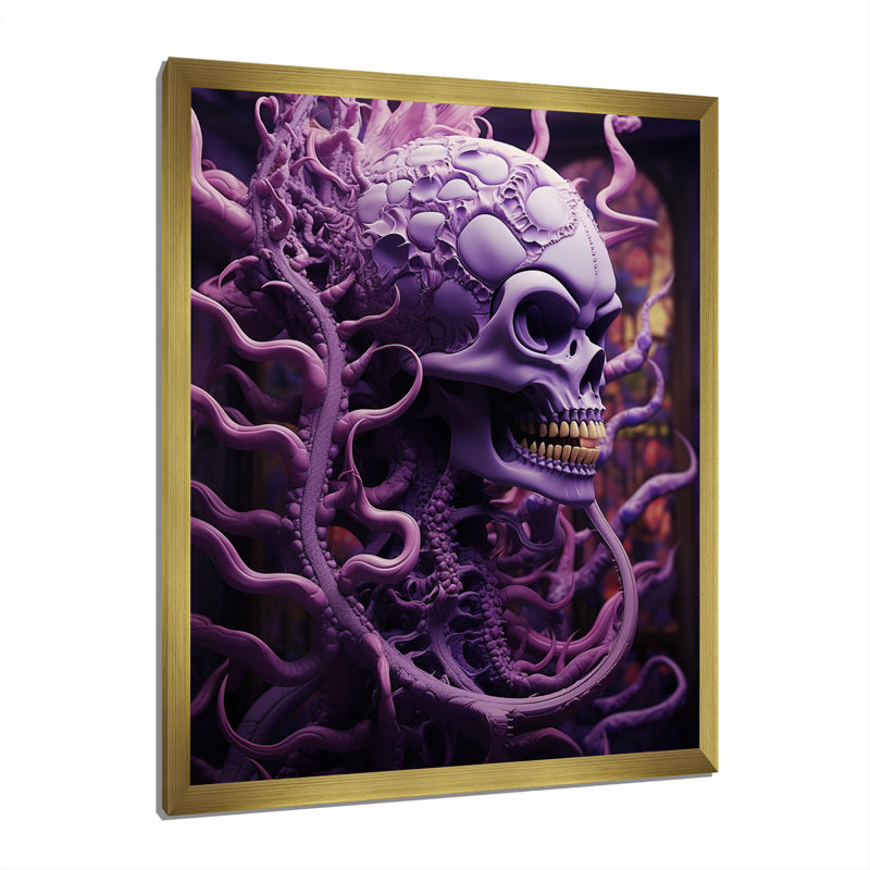 «Deviantly crâne souriant mauve d'Halloween» sur, H 44 po x l 34 po x P 1,5 po, Cadre doré simple