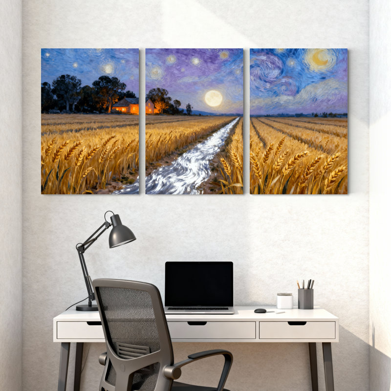 Abstrait nuit étoilée, champ de blé, paysage, ensemble de 3 impressions sur toile, H 18 po x l 36 po