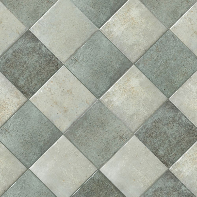 Carreau de porcelaine brillant 4 "x 4" Vela, Mousse de chêne à damier et champ vert