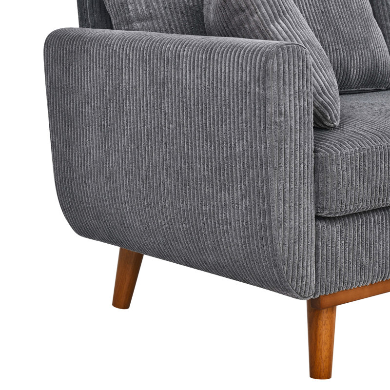 Gray Mid - Century 2 Seater Corduroy With Tapered Legs, Flared Arms, Solid Wood Frame And Accent Pillows For Compact Spaces Of Style In Gray, Featuring Apartments
