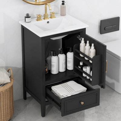 Meuble-lavabo de 20 po avec lavabo, armoire de salle de bain avec deux portes, tablette de porte et patins réglables, tiroir, noir