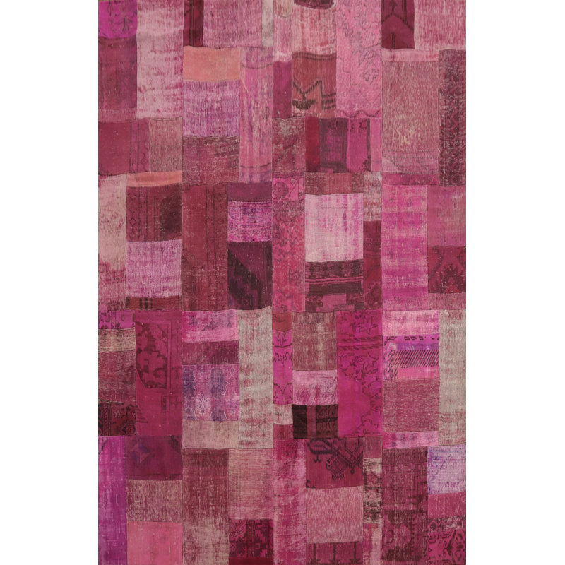 Tapis géométrique en laine rose fuchsia patchwork 8 x 10