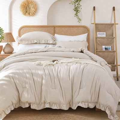 Ruffle Comforter Set 3 Pieces-Bedding for All Seasons Fluffy Vintage Farmhouse Comforter With Two Pillowcases